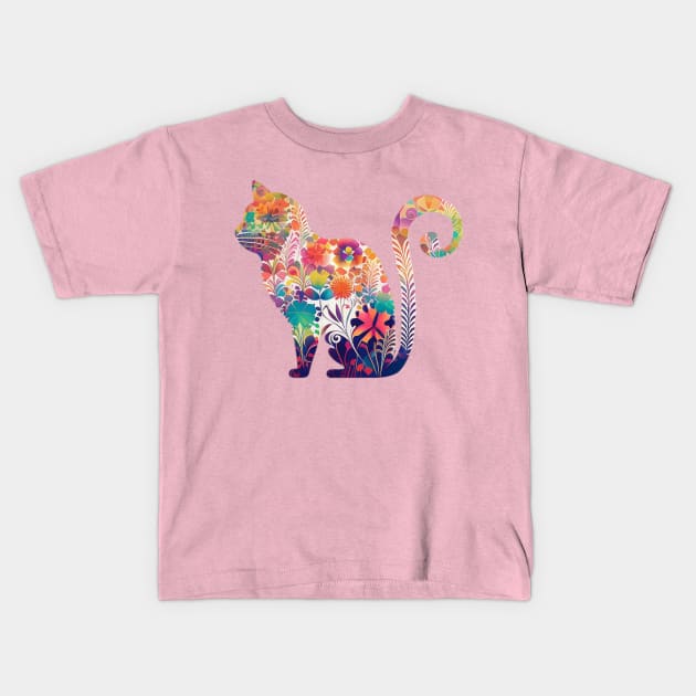 Floral Cat, Mom Cat Kids T-Shirt by iCutTee